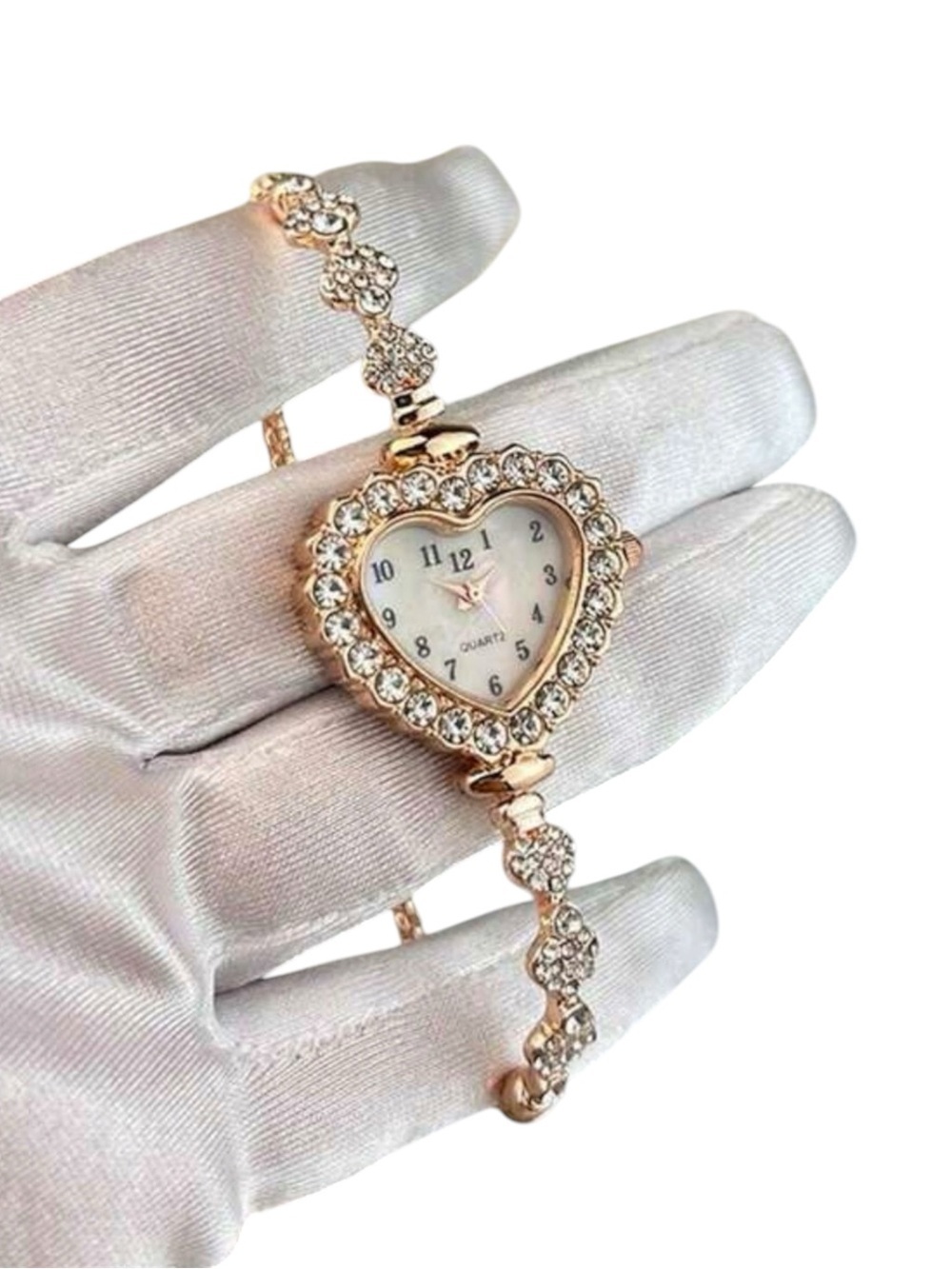 Womens Heart Quartz Watch Rose Gold Tone Rhinestone Adjustable Slider Bracelet⁠